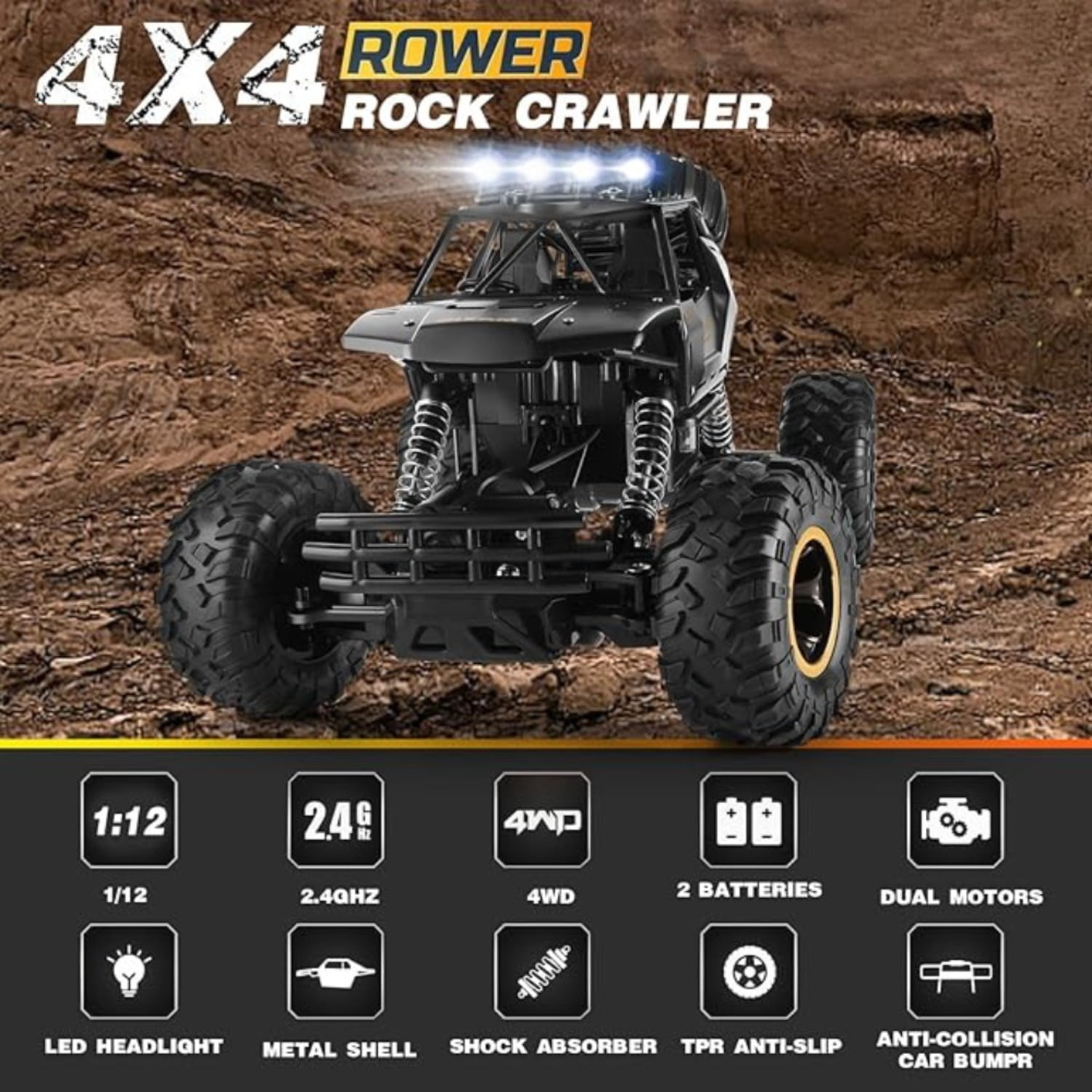 3 Batteries 1:12 Rock Crawler Rechargeable Off Road Truck 4WD , Metal Shell LED Headlights RC Remote Control Off Road Car Truck