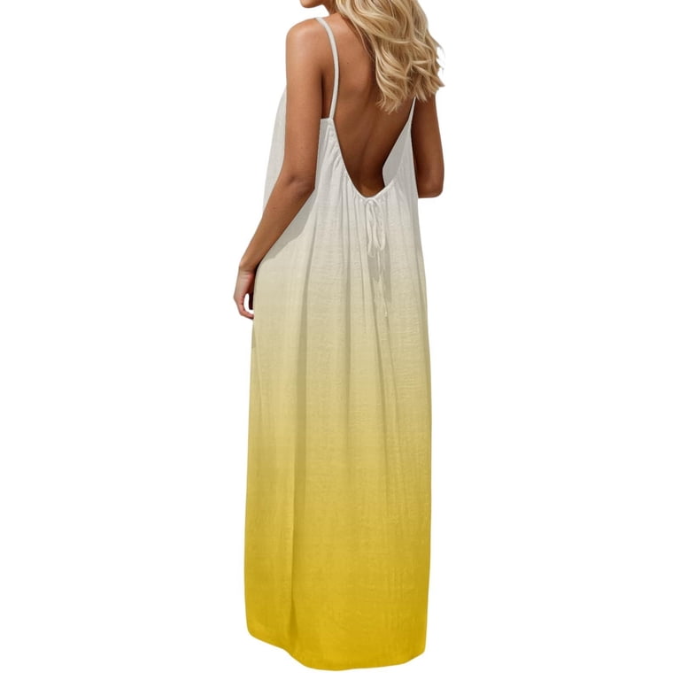light yellow beach dress EliteGoogv Womens Maxi Gradient Color Backless Spaghetti Strap Sleeveless Loose Fit Summer Dress For Women Party Dress Yellow Stock:Pre-order Made from a lightweight daytonight Tiger Mist Shimmer Maxi