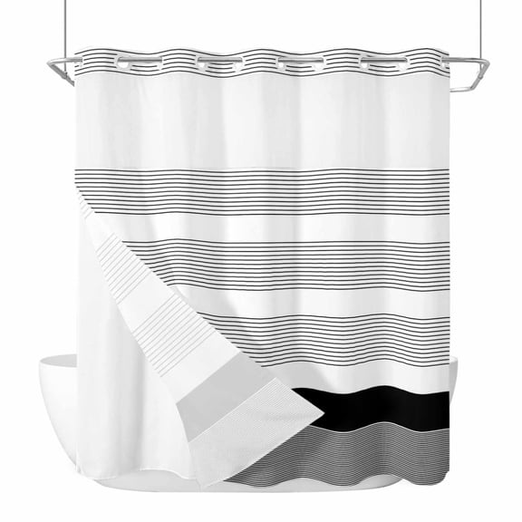 Black Stripe No Hook Shower Curtain Waterproof, Bathroom Curtains with Snap in Liners and See Through Top Window, Modern Rustic Horizontal Black Striped Hotel Style Bathtub Curtains Shower 66"Wx72"L