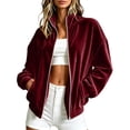 thumbnail image 4 of Smupbvky Womens Velour Zip Up Bomber Coat Stand Collar Long Sleeve Oversized Jacket Fall Winter Casual with Pockets (S, Wine), 4 of 8