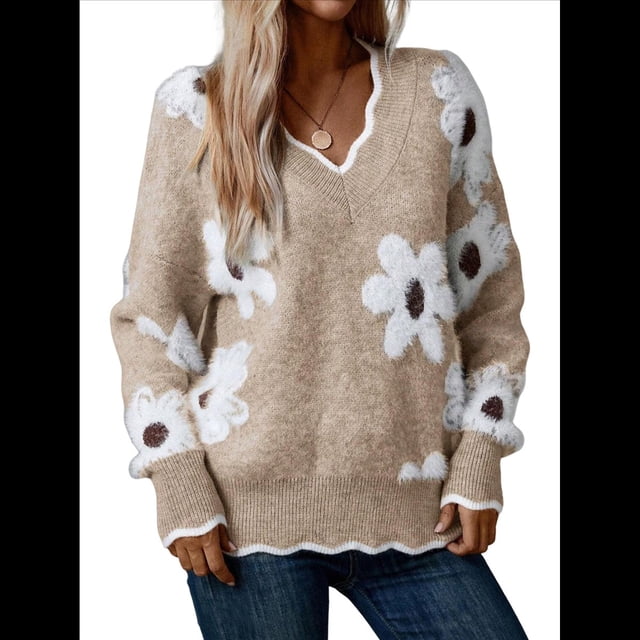 Suéteres para Mujer, Otoño, Bloque de Color, Acanalado, Volantes, Cuello en V, Corte Holgado, Suéter de Punto Y2k, Lindos Suéteres, Tops. Caqui XL