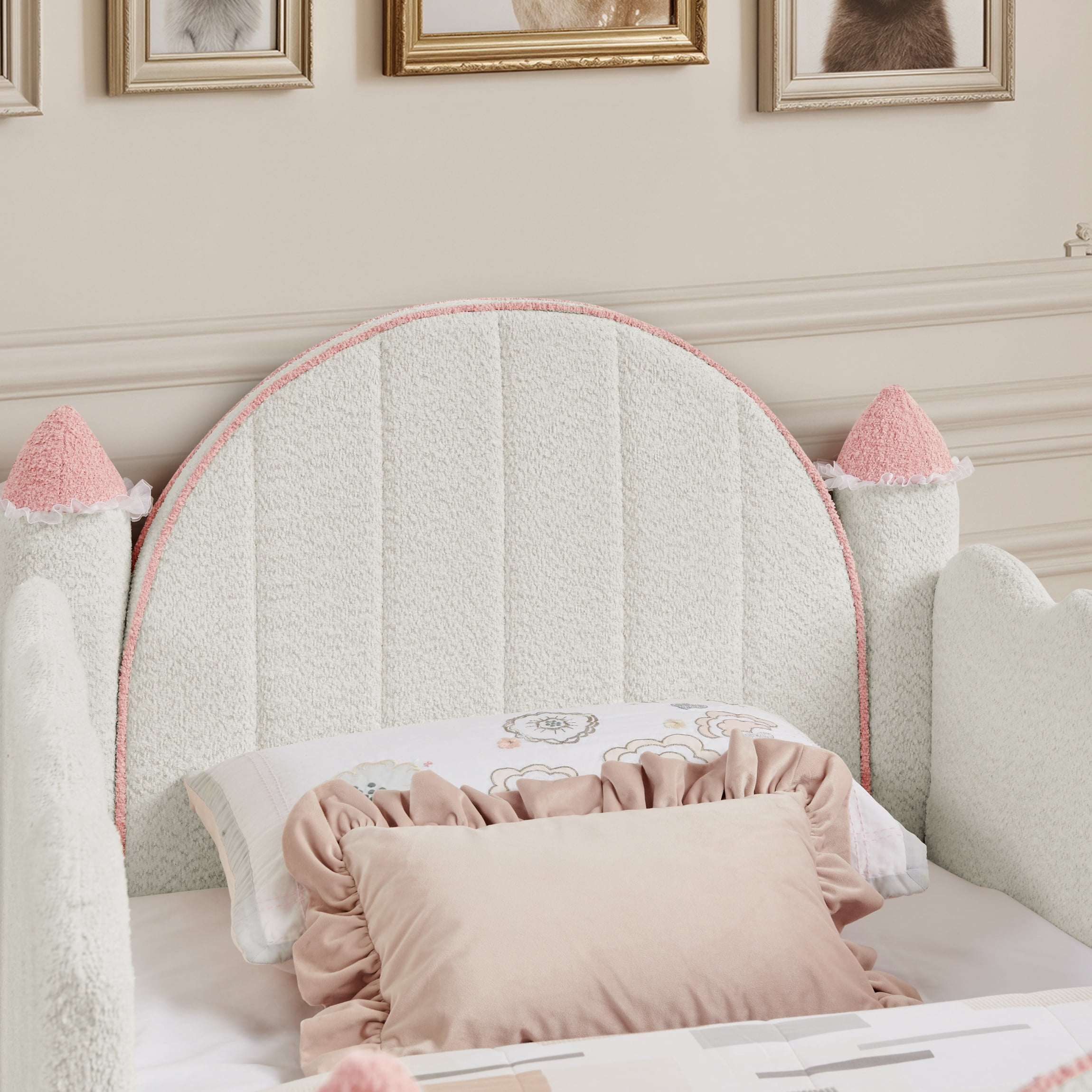 Twin Size Castle-Shaped Kids Floor Bed with Safety Guardrail, Low Profile Upholstered Platform Bed Frame with Small Curtain