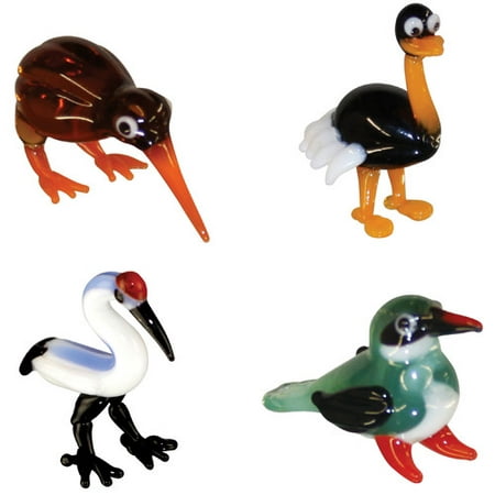 BrainStorm Looking Glass Miniature Glass Figurines, 4-Pack, Kiwi/Ostrich/Crane/King Fisher