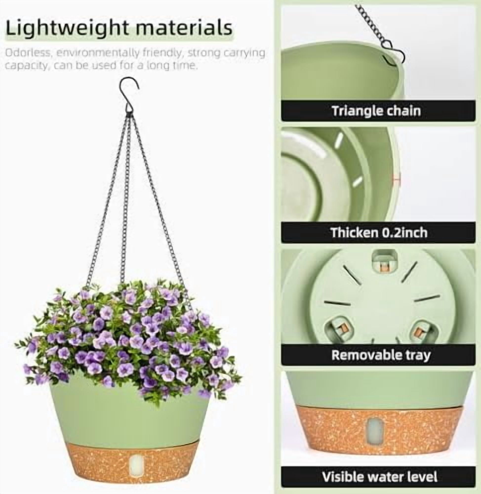 2 Pack Hanging Planters for Indoor Outdoor Plants, 8 Inch Hanging Baskets Flower Pots with Reservoir Tray & Visible Water-Level Green,8 inch