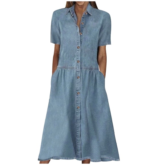 Summer Dress for Women Sexy Womens Spring and Summer V-Neck Solid Denim Casual Short Sleeved Dress Summer Dress for Women with Sleeves Summer Dress with Sleeves for Women