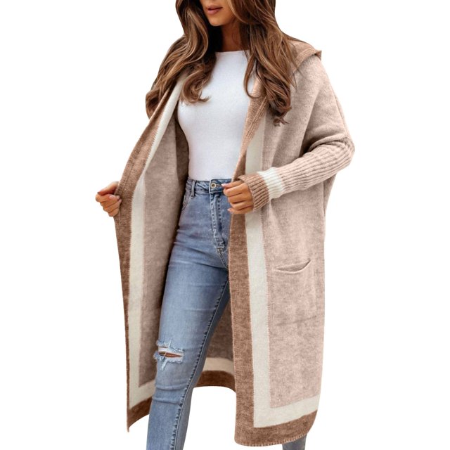 MPWEGNP Cardigan Long à Capuche Surdimensionné à Rayures Verticales pour Femmes avec Poches Kaki G