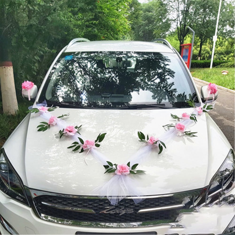 Car Wedding Decorations - Ribbon Bows Set Car Wedding Decor - Blue  Simulation Rose Flower Artificial Flowers Set Party Events Accessories for  Car
