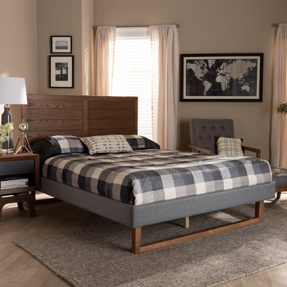 Baxton Studio Gabriela Rustic Modern Dark Grey Fabric Upholstered and Ash Walnut Brown Finished Wood Queen Size Platform Bed