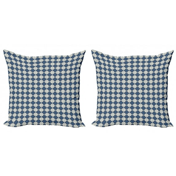 Moroccan Throw Pillow Cushion Cover Pack of 2, Repetitive Floral Inspired Patchwork Look Sea Tones Illustration, Zippered Double-Side Digital Print, 4 Sizes, Dark Sky Blue Ivory, by Ambesonne