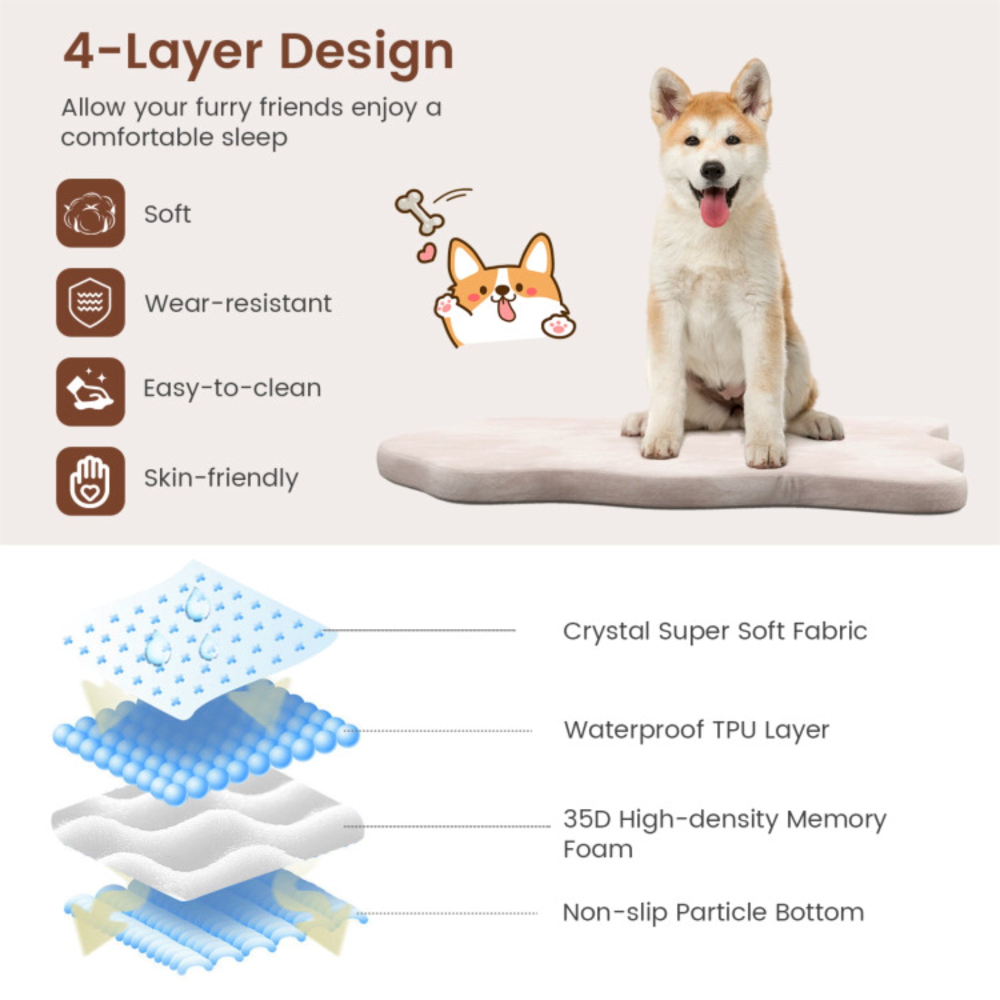 Kadyn 43" Orthopedic Dog Bed with Memory Foam Support for Large Dogs, 3" Thick Memory Foam Pet Bed with Removable Cover, Beige