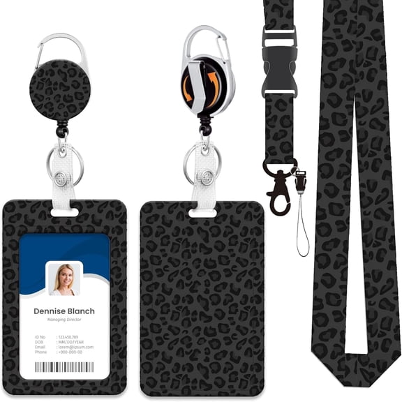 BZCOE Heavy Duty Id Badge Holder with Lanyard,Retractable Badge Reel Clip,Lanyards for Hard Vertical Id Card Holders for Office,School,Teachers,Women,Men - Black Leopard Cheetah