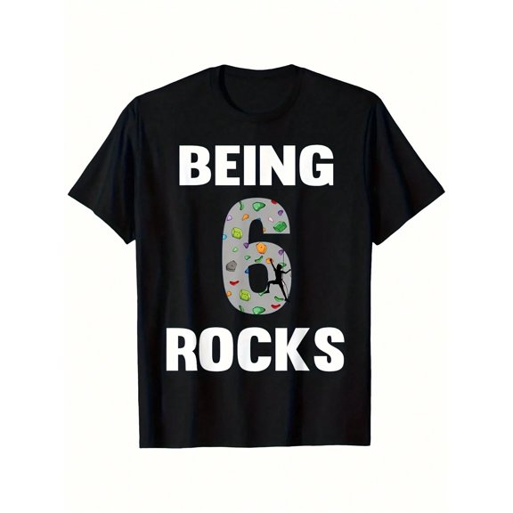 MAWOTEA Being 6 Rocks Birthday T-Shirt For Boys - Soft Cotton Tee With Fun Letter & Rock Star Design, Casual Loose Fit, Short Sleeve, Perfect For Spring/Summer, Birthday Apparel | Playful Graphic Tee