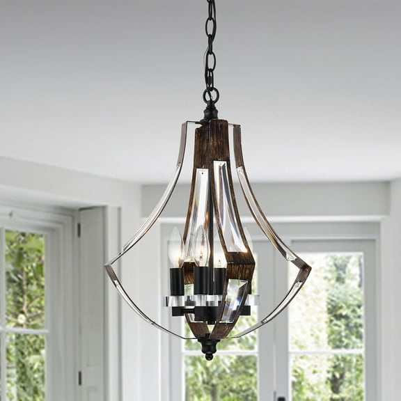 Fabiola 15 in. 4-Light Indoor Matte Black and Faux Wood Grain Finish Chandelier with Light Kit