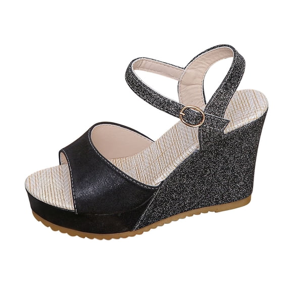 CYMMPU Women's Fish Mouth Open Toe Glitter Wedge Sandals, Adjustable Ankle Strap Platform Heels, Fashion Summer Casual Outdoor Beach Shoes Black 42