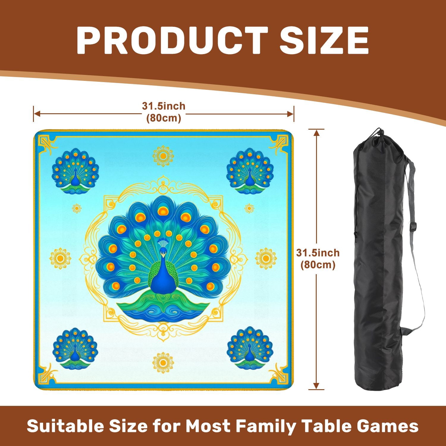Mahjong Mat 31.5" x 31.5" Colorful Peacock Decorative Patterns Vibrant Feathers Non-Slip Noise Reduction American Mahjong Tiles Table Cover for Dominoes Poker Card Board Games Gift