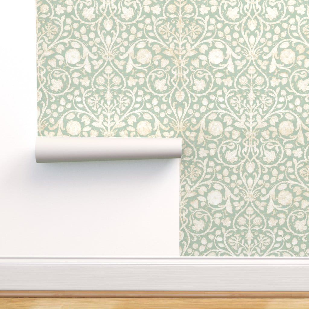 Peel & Stick Wallpaper Swatch - Damask Floral French Green Aqua Custom Removable  Wallpaper by Spoonflower 
