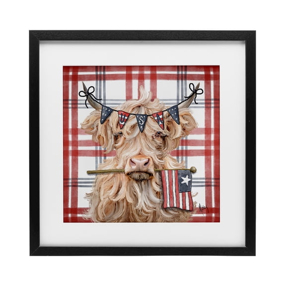 USA Plaid Highland Cattle Black Framed Print Under Glass, design by Ashley Bradley