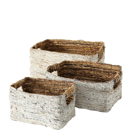 Wicker Washing Baskets Beach Chic White Washed Banana Leaf Nesting Baskets, Chunky Weave, Rustic Natural Accents, Cut Out Handles, Set of 3, Various Sizes 10 1/2 Inches - Over 1 Ft. Long ()