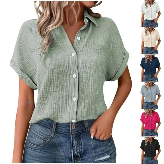 WRKEKC Short Sleeve Shirts for Women, Summer T-Shirts for Women, Women's Trendy Solid Color Button-Up Rolled Short Sleeve Turndown Collar Blouse Tops