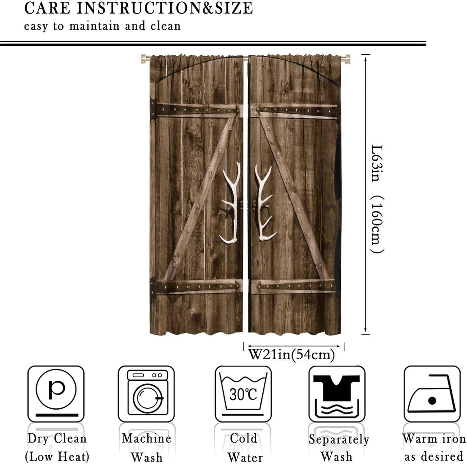 Rustic Curtains Brown Western Farmhouse Antler Door Pattern Blackout Print Rod Pocket Window Drapes for Bedroom Living Room 42x63in