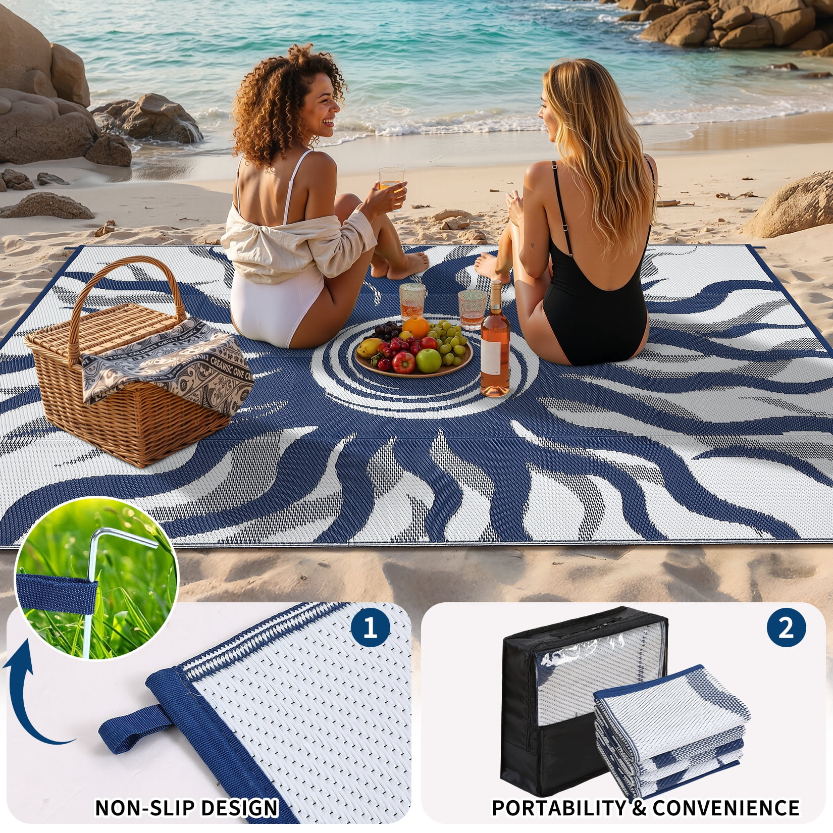 HIWEAVER Navy 9'x 12' Outdoor Rug Garden Decor Abstract Sun Pattern Carpet Plastic Straw Waterproof Reversible Patio Area Rug for Balcony Deck Picnic Portable Camping Mat