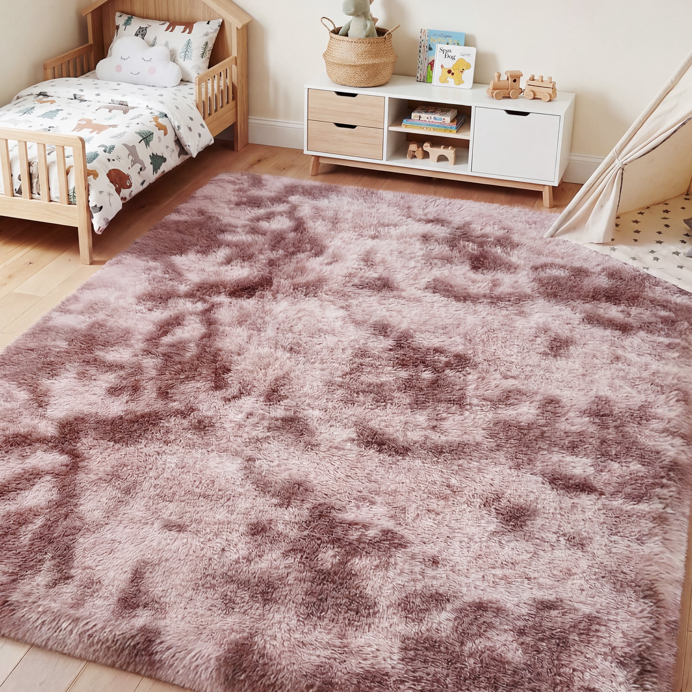 Nefoso Shag Area Rug, 9ft x 12ft Soft Fluffy Tie-Dye Area Rugs for Living Room Bedroom Decor Carpet, Dusty Pink / Blush Pink