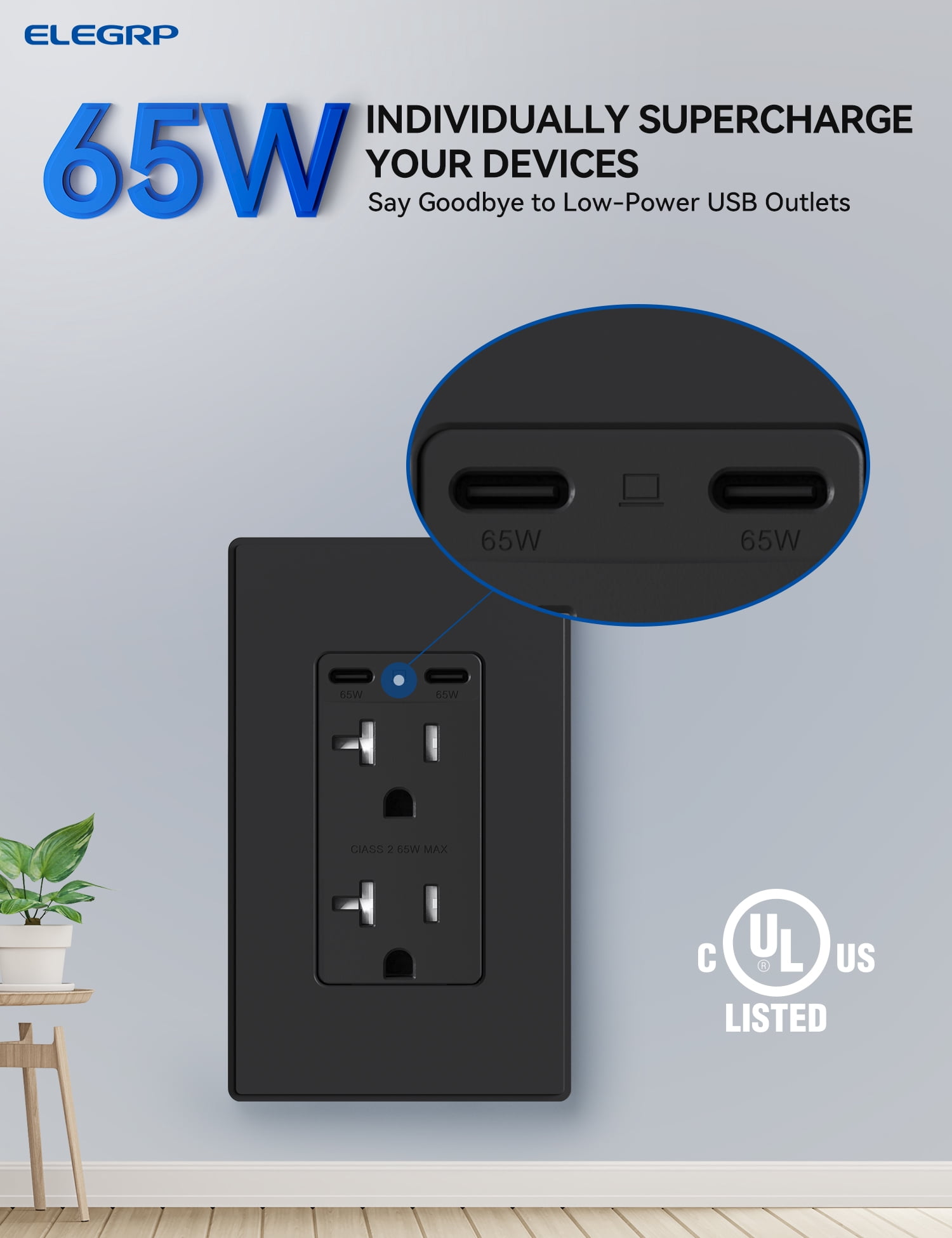 ELEGRP USB Outlets Receptacles, 65W Dual USB C Wall Outlet for Laptop, Power Delivery 20 Amp Tamper Resistant Electrical Outlet with USB C Ports, Wall Plate Included, UL Listed