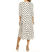 MOA Collection Women's Loose Fit Scoop Neck 3/4 Sleeve Polka Dot Patterned A-Line Midi Dress