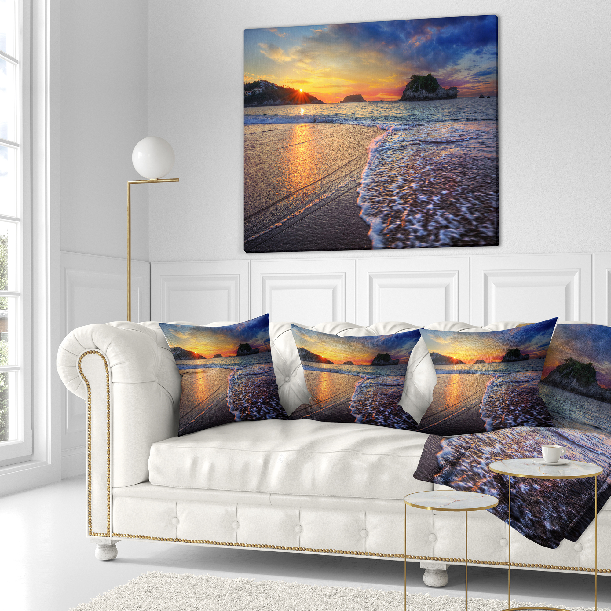 Designart Sandy Beach with Rush Waves - Seashore Throw Pillow - 16x16