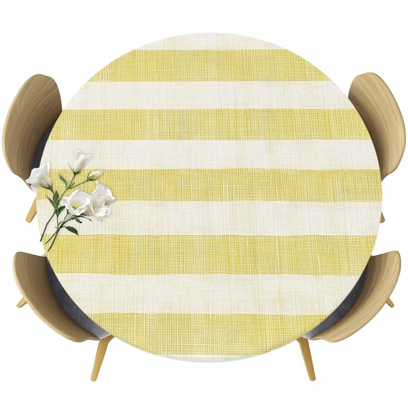 Yellow Striped Round Tablecloth, Fitted Table Cover with Elastic for 36"-44" Round Tables, Farmhouse Vintage Stripes Table Cloth Outdoor Indoor Dinning Party Waterproof Tablecloths
