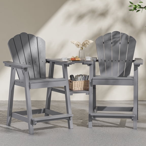 Woodty Bar Height Adirondack Chairs - Set of 2, Wooden Patio Set and Double Layer Connecting Tray, Gray