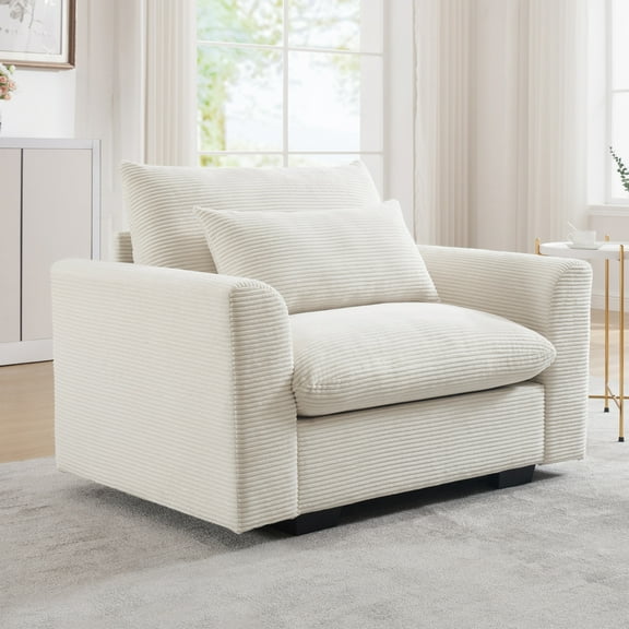 Deep Seat Single Sofa, Upholstered Accent Chair with Waist Pillow, Modern Sectional Sofa Couches for Living Room, Office, Apartment, Small Comfy Couch, Beige