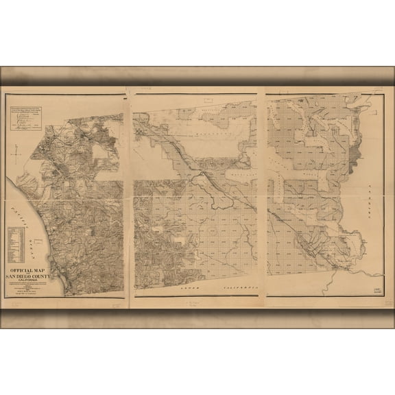 24"x36" Gallery Poster, Official map of San Diego County, California 1895