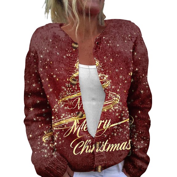 Women's Fashion Christmas Printed Long Sleeve Knitted Cardigan Button Down Jacket for Holiday Casual Wear and Women's Outerwear with Festive Design,Deep Red,4XL