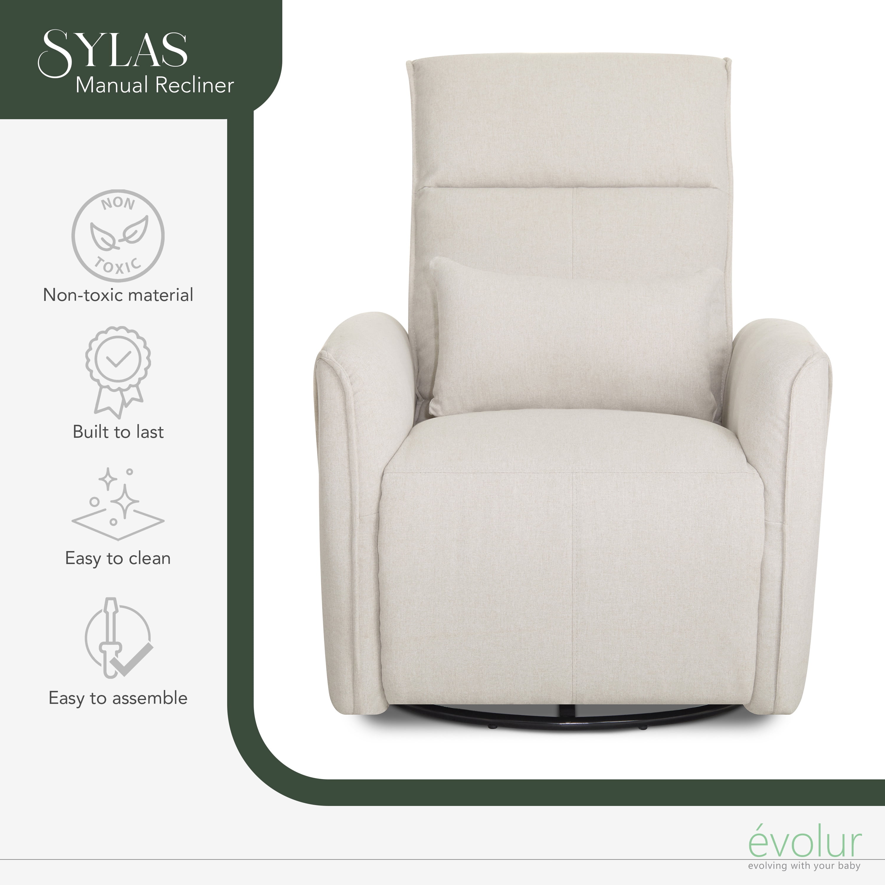 Evolur Slylas Manual Recline Glider, Light Sand