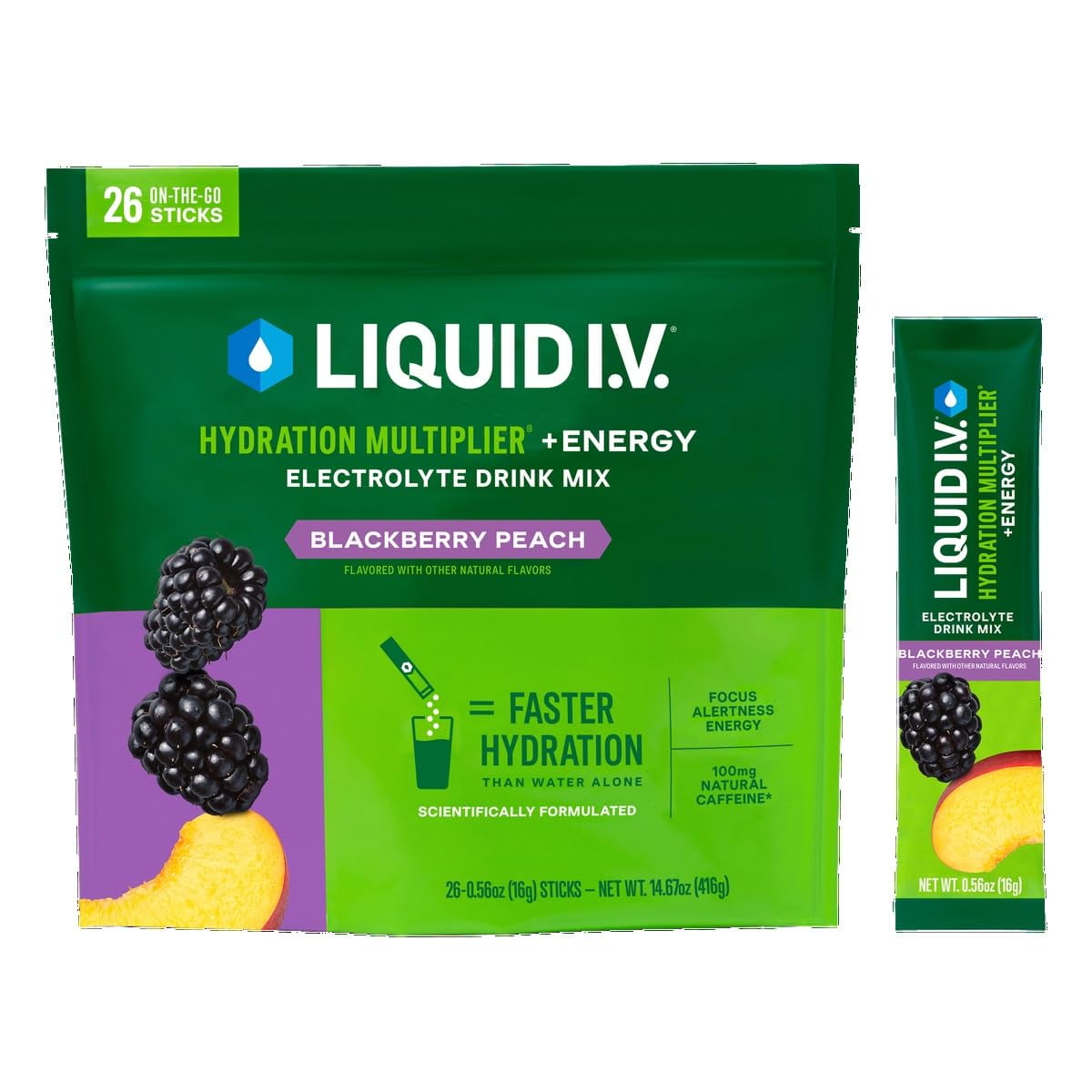 Liquid I.V. Energy Multiplier, 26 Individual Serving Stick Packs in Resealable Pouch, Blackberry Peach