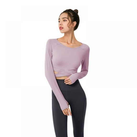 Topwoner Women's Long-sleeved Quick-drying Fitness Yoga Clothes Slim Sports Running Fitness Clothes With Chest Pad Elastic Tights Casual Shirt Purple 2XL