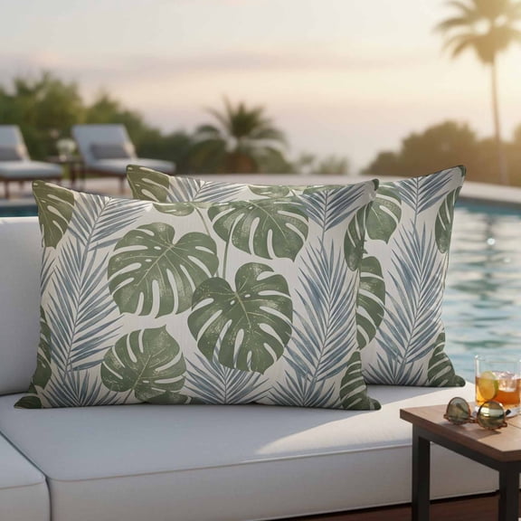 Tropical Plants Outdoor Pillow Covers 20x12 Inch Lumbar Pillow Covers Set of 2 Waterproof Decorative Throw Pillow Cases Summer Vintage Palm Tree Leaves Beige Cushion Covers for Patio Furniture Garden