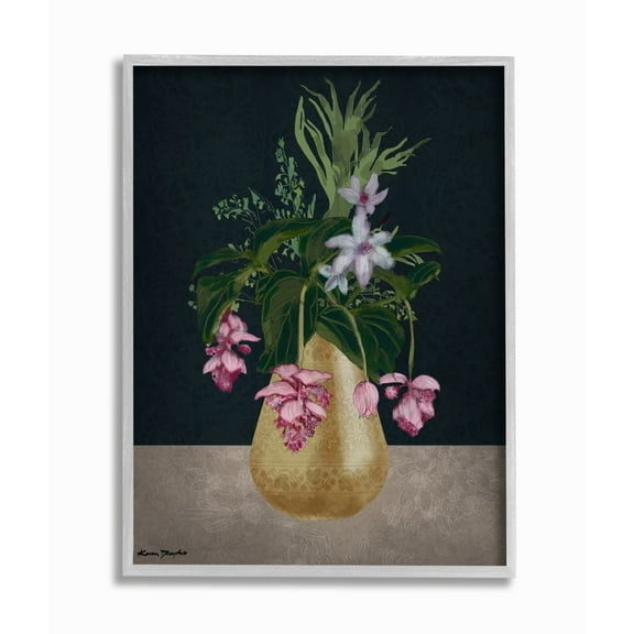 Stupell Industries Gold Vase Pink Flower Drawing Graphic Art Gray Framed Art Print Wall Art, 11x14, by Karen Dreyfus