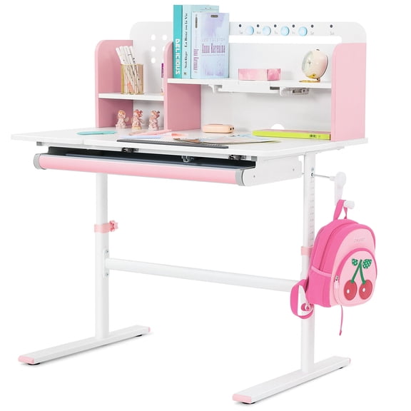 COSVALVE 39in Wide Adjustable Height Kids Desk Study Child Table with Tilting Desktop, Steel Frame, Drawer, Bookshelf Hutch (Pink)