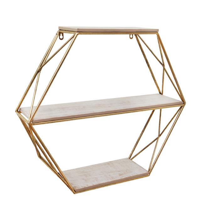 Sagebrook Home 1388402 Metal & Wood 3 Tier Hexagon Wall Shelf, Gold