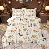 Feelyou Bear Fox Deer Bedding Comforter Set for Kids, Jungle Wildlife Twin Comforter Sets, Western Pine Tree Reversible Bedding Set, Ultra Soft Bedroom Decor, 2-Piece