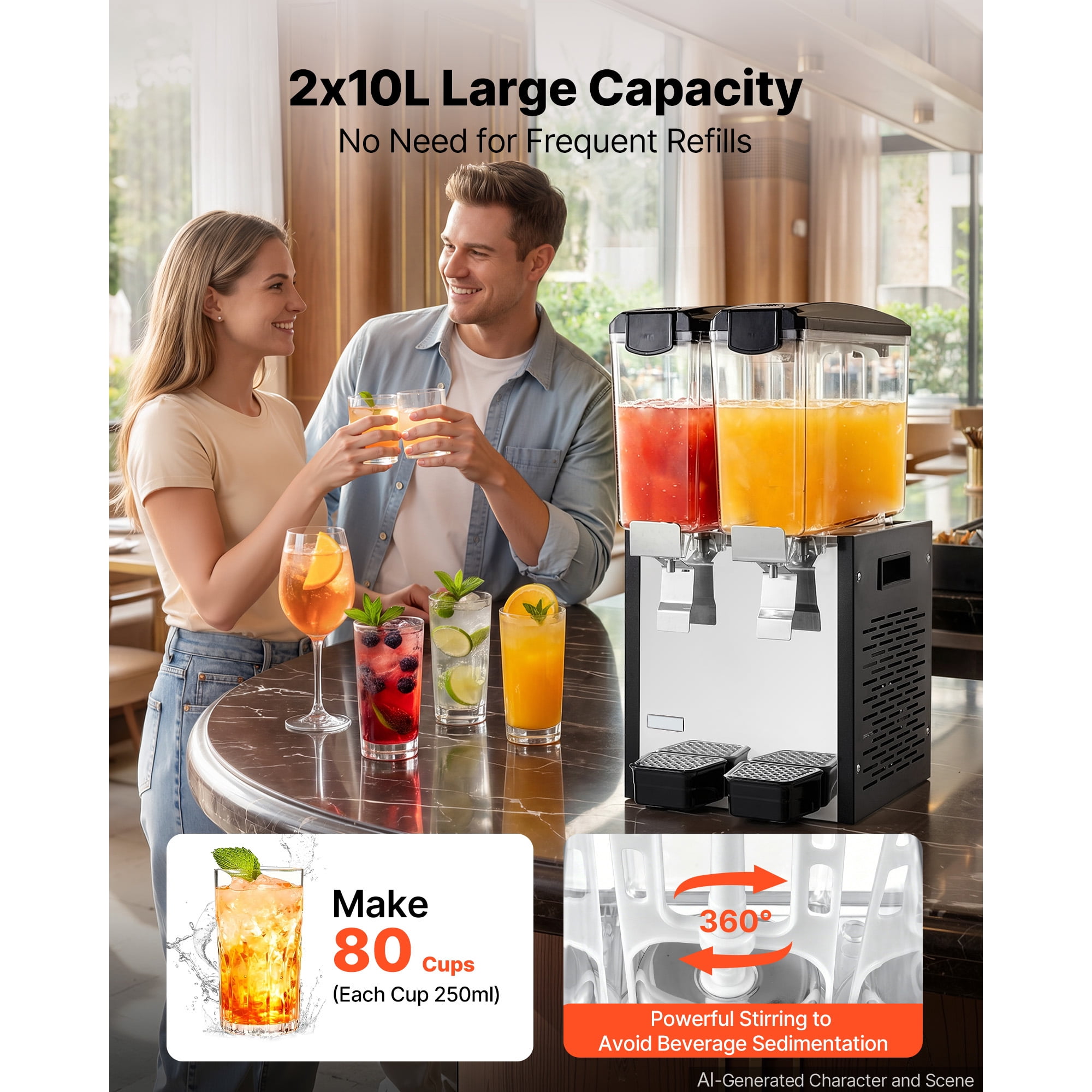 KFFKFF Commercial Beverage Dispenser with Dual 10L Tanks, Stainless Steel Construction, Cold Drink Machine with Adjustable Cooling Range of 45℉-54℉, Ideal for Restaurants, Bars, and Events