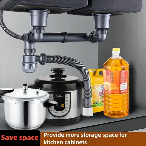 Double Sink Drain Kit Space Saving Kitchen Sink Drain Kit Expandable Flexible 1 1/2" P-Trap Pipe 3-1/2 Inch Sink Drain Assembly Kit with 4-Way Fitting Adapter for Dishwasher