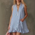 thumbnail image 2 of Women's Vertical Striped Dress, Casual Sleeveless Zip-up V Neck Mini Dress, Ruffle Hem Shift Summer Sundress with Pockets, 2 of 7