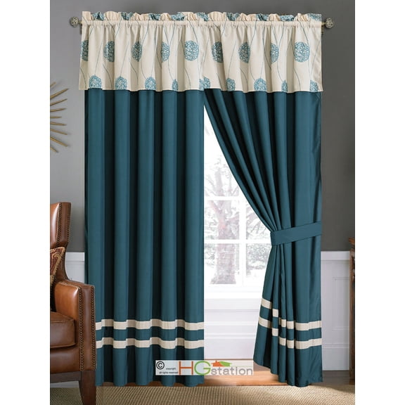 4-Pc Circle Orb Sphere Floral Embroidery Curtain Set Spruce Blue Beige Valance Drape Liner