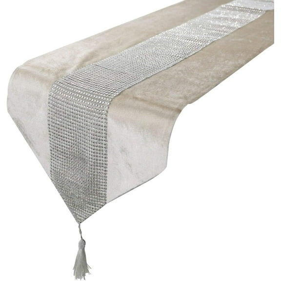 Nvzi-a Triangle Tasseled Edge Rhinestone Modern Long Table Runner Thick Velvet Chenille Satin Flag Tablecloth for Room Dining Hotel Bed Towel Wedding Party Decors,Ivory,12.59*98.42inch