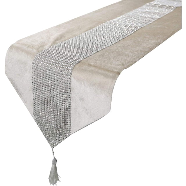 Nvzi Camino de mesa largo moderno con borde de borlas triangulares y diamantes de imitación, comedor, hotel, cama, toalla, decoración para bodas y fiestas, marfil, 12,59 x 98,42 pulgadas