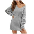 thumbnail image 4 of Women's Long Sleeve Knit Sweater Dress V Neck Mini Sweater Dresses Ruffled Dress for Women Dress Pockets Knee Length Dresses Large Womens Dress Swing Dress with Buttons Long Dress for Women Fall, 4 of 7