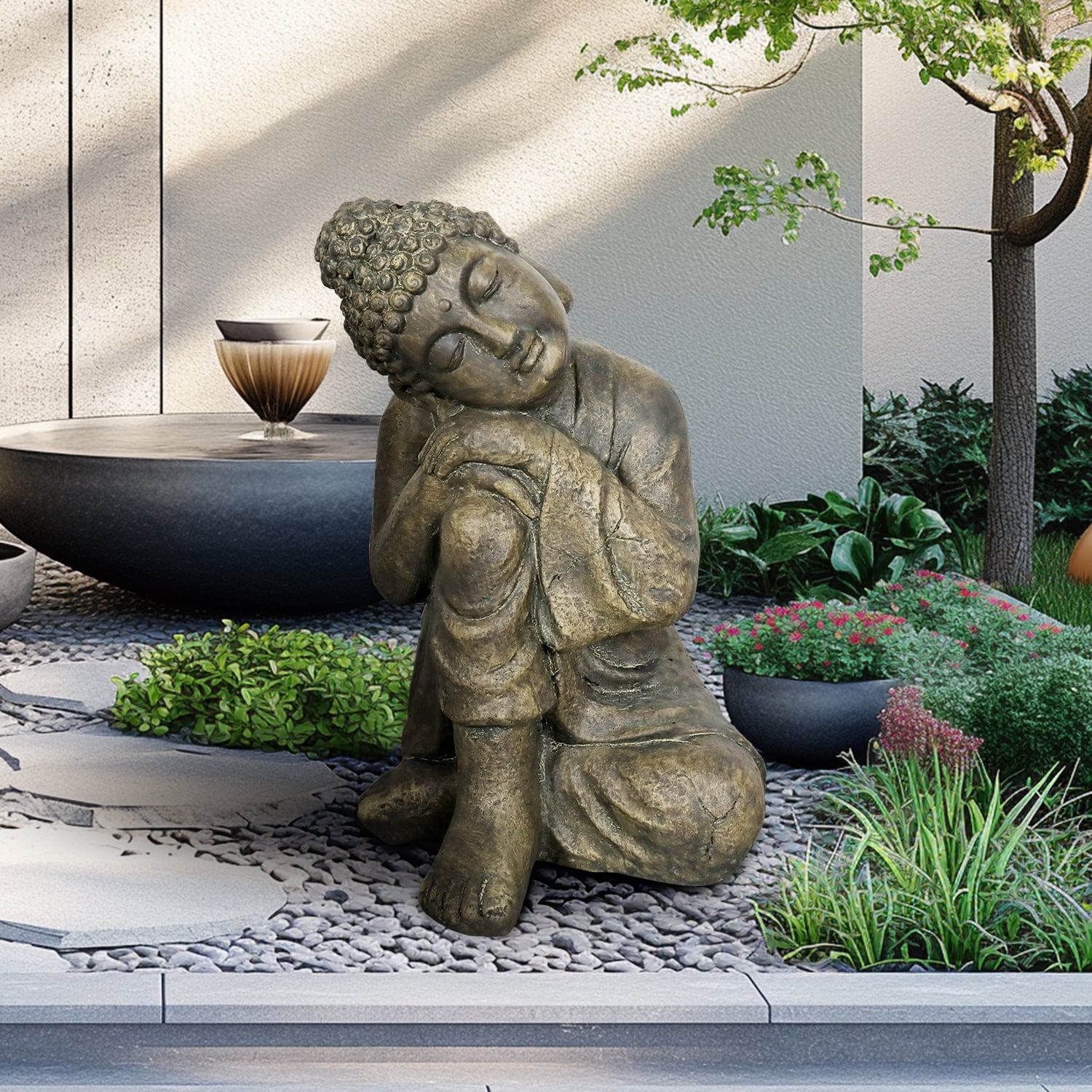 SunJet Outdoor Buddha Statue - Hug Knee Sleeping Buddha Sculpture Meditating Decorations for Garden,Patio, Balcony, Porch, Yard Art Ornament